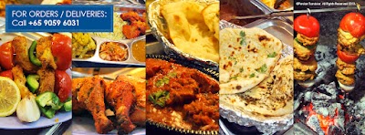Persian Tandoor restaurant food spread featuring tandoori chicken skewers, tandoori paneer, naan bread, grilled vegetables and meat kebabs cooked in traditional tandoor oven. Call +65 9059 6031 for orders and deliveries. — Items: Tandoori Chicken Skewers · Tandoori Mixed Vegetables · Tandoori Chicken Wings · Tandoori Paneer · Naan Bread · Tandoori Meat Kebab · Grilled Vegetables and Meat Skewers