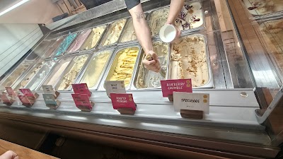 Ice cream display case at Lickers showing flavors including Blueberry Crumble, Roasted Pistachio, Malted Gold, and Speculoos in metal tubs with flavor labels. — Items: Blueberry Crumble · Roasted Pistachio · Malted Gold · Speculoos