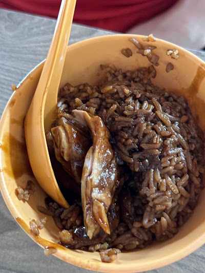 Cheok Kee Duck Rice - shredded duck meat served over rice in a yellow bowl with chopsticks — Items: Duck Rice