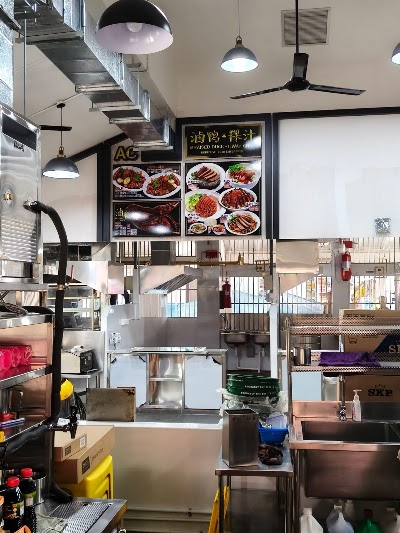 AC Braised Duck and Kway Chap restaurant menu board displaying Chinese roasted and braised meat dishes including duck, pork belly, and rice preparations in kitchen setting. — Items: Braised Duck · Kway Chap · Roasted Duck with Rice · Braised Pork Belly · Roasted Meat Platter · Duck Noodles · Pork Ribs