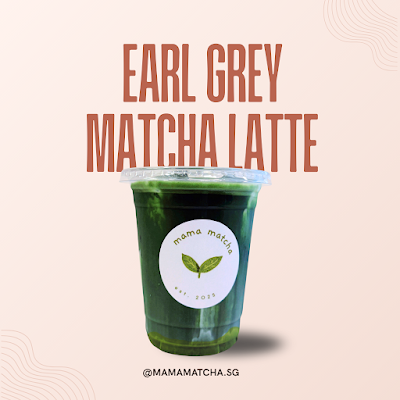 Earl Grey Matcha Latte from Mama Matcha - a vibrant green matcha beverage in a clear cup with branded label — Items: Earl Grey Matcha Latte