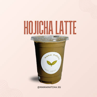 Hojicha Latte from Mama Matcha, a creamy matcha beverage in a clear cup with branded label. — Items: Hojicha Latte