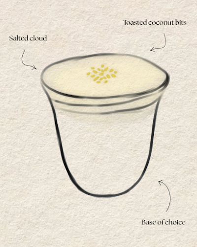 Yaya Lorong dessert drink with salted cloud topping, toasted coconut bits, and customizable base of choice. — Items: Salted Cloud · Toasted Coconut Bits · Base of Choice