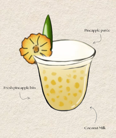 Illustration of a pineapple coconut milk drink with pineapple puree, fresh pineapple bits, and coconut milk from Yaya Lorong restaurant. — Items: Pineapple Coconut Milk Drink