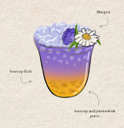 Yaya Lorong soursop and passionfruit purée drink with bluepea garnish and whipped cream, featuring soursop flesh and edible flowers. — Items: Soursop and Passionfruit Purée Drink · Soursop Flesh · Bluepea