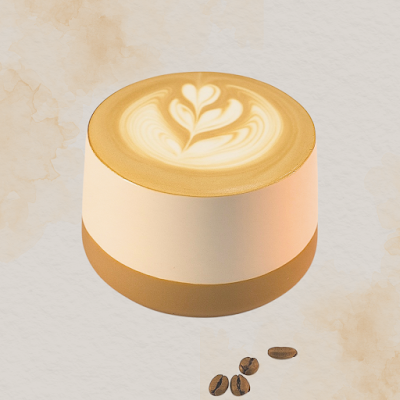 Black Kettle Coffee latte with decorative latte art heart design in a gold-rimmed white cup, accompanied by coffee beans. — Items: Latte with Latte Art