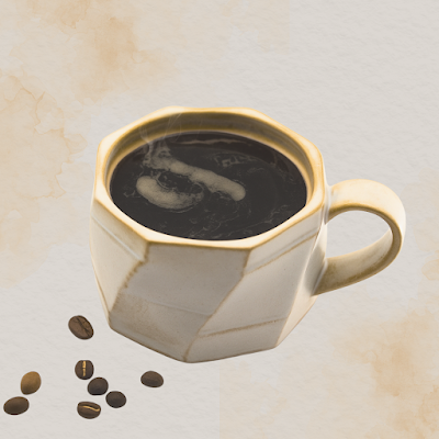 Black Kettle Coffee cup filled with dark black coffee served in an elegant white ceramic mug with gold trim and scattered coffee beans. — Items: Black Coffee