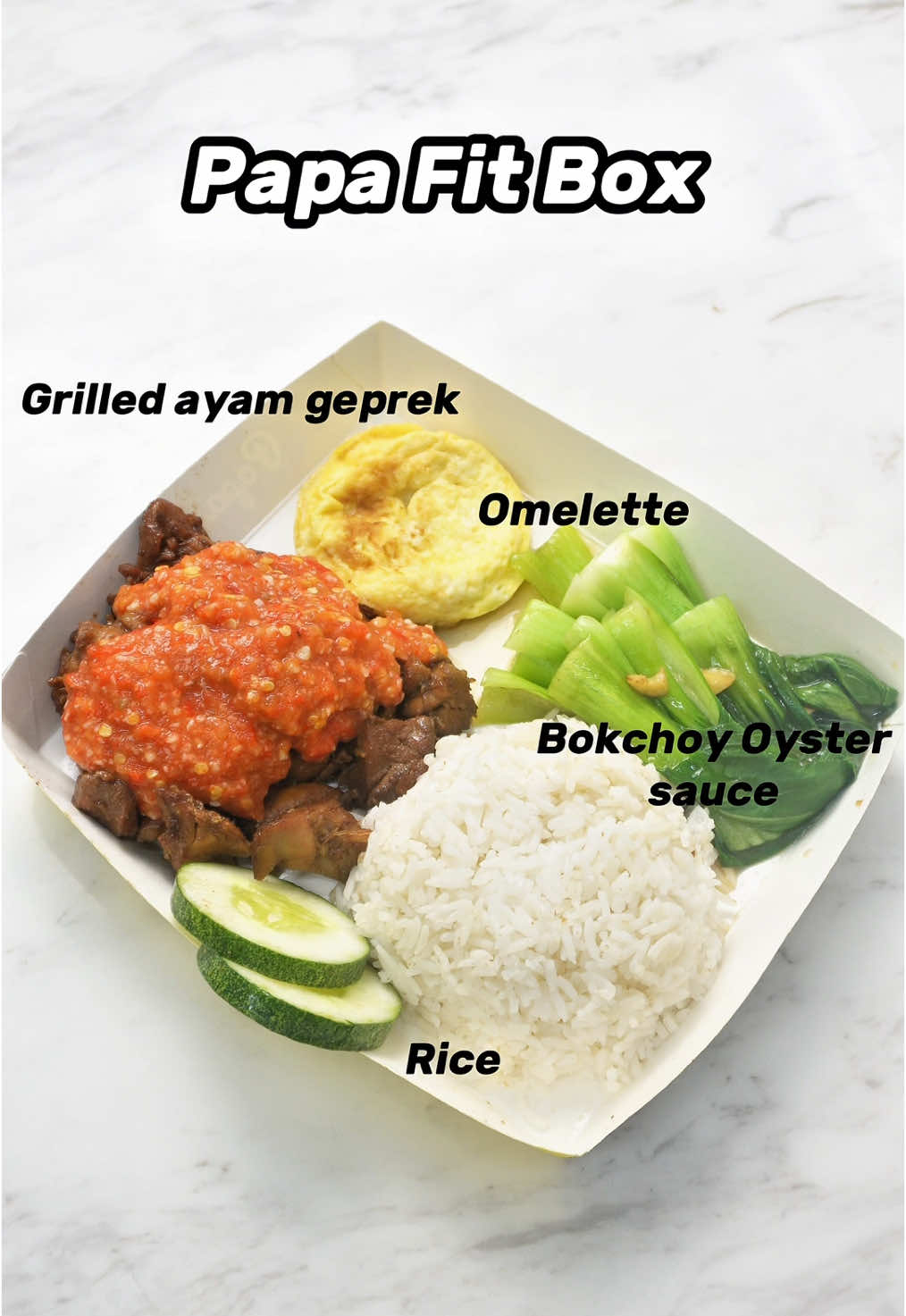 PAPA FIT BOX 💪 specially curated by us for you healthy folks! 
180g savoury-sweet grilled ayam geprek with sambal of your choice (and spice level 🔥), 120g jasmine rice, 1 pan fried omelette, fibre-r