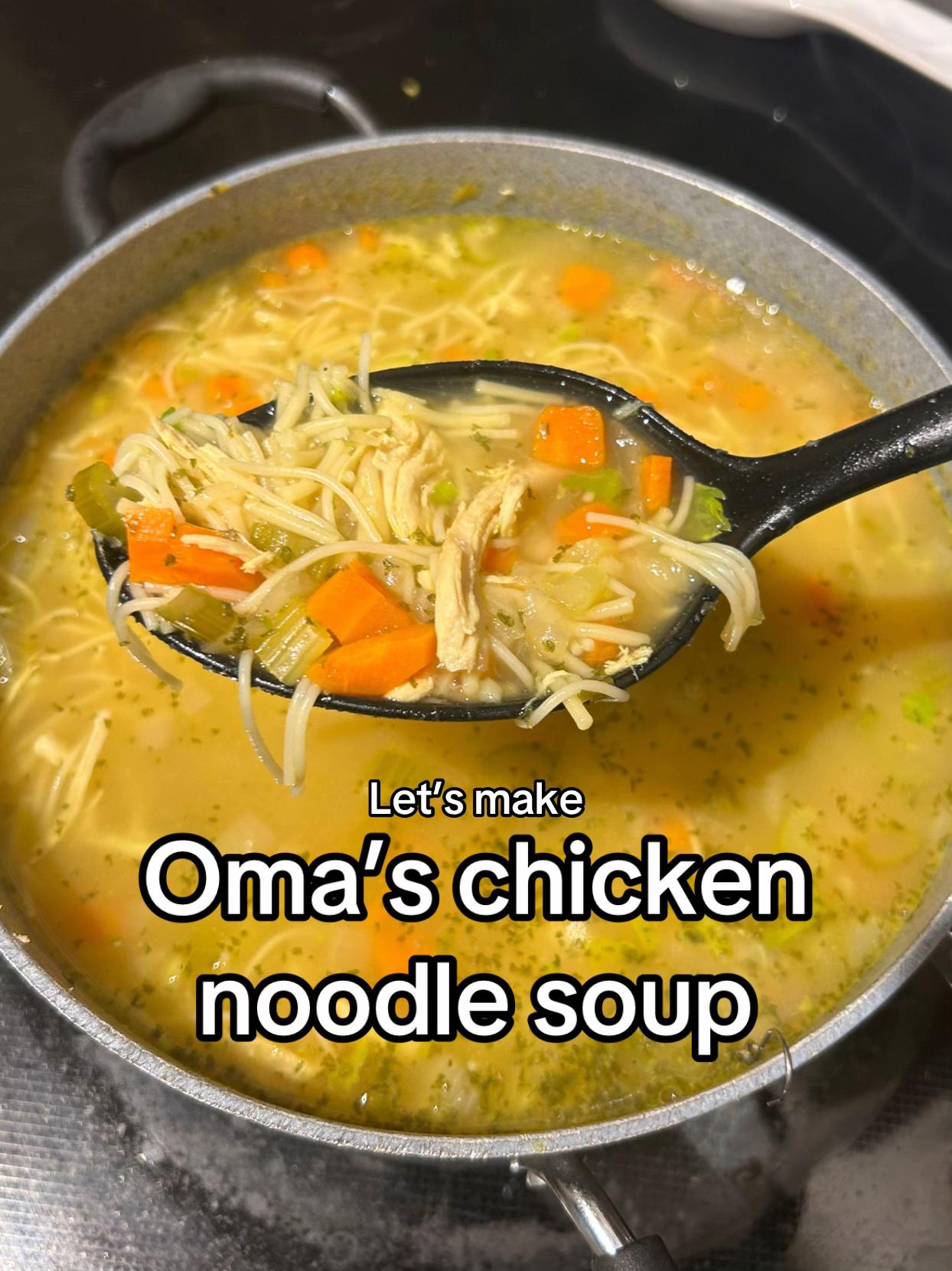 Sick season calls for chicken noodle soup on repeat.💛 

This is my Oma’s recipe and my mom would always make it when I was growing up, so it’s very nostalgic. 

- 1 onion
- 1 or 2 cloves garlic 
- 1 